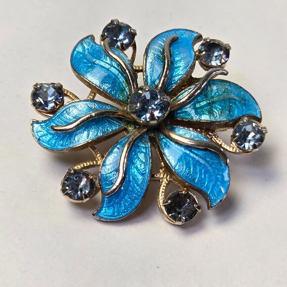 Vintage Blue Enamel Rhinestone Flower Brooch Pin Mid Century Guilloche Style - Picture 2 of 11